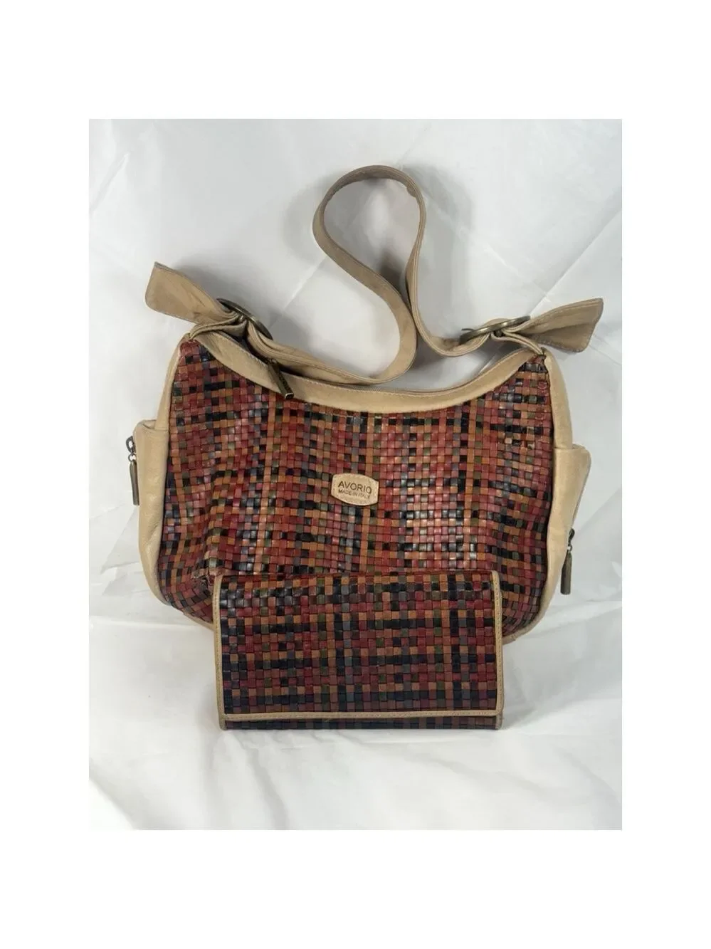 Vintage Avorio Leather Woven Hobo Bag Purse with matching wallet